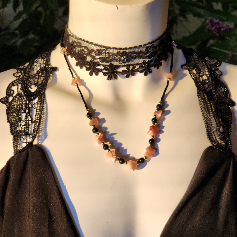 Fairycore Whimsical Black Glass and Pink Shell Beaded Necklace 20"